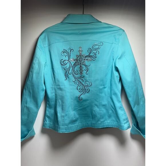 Christine Alexander Jacket Blazer Women’s M Teal Rhinestone Embellished Bling - Picture 6 of 12
